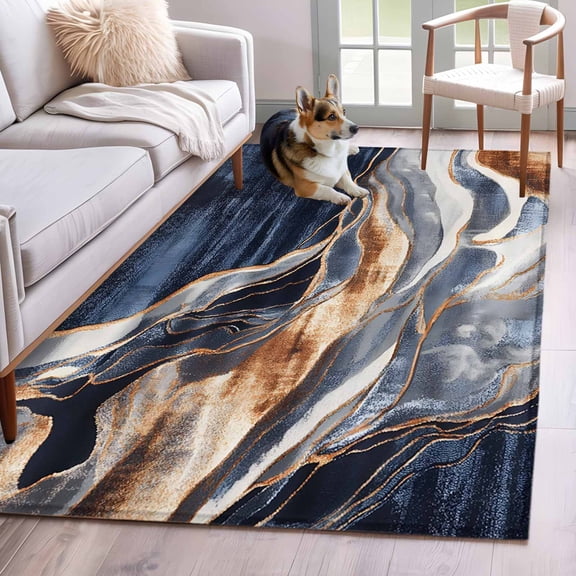Orange Navy Blue Area Rug 4x6 Washable Rug Non Slip Marble Stone Abstract Art Large Area Rug Indoor Floor Carpet for Entryway Bedroom Kitchen Living Room Home Office Dining Room Nursery