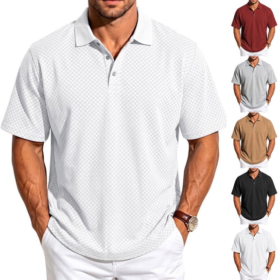 Fanshiluo Men's Checkered Print Short Sleeve Polo Shirt, Casual Collared Golf T-Shirt,Size:L,Big and Tall Men