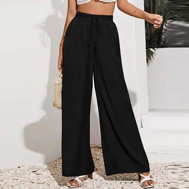 Jsaierl Wide Leg Palazzo Pants for Women Elastic Waisted Drawstring Straight Leg Length Pants Plus Size Solid Color Lounge Capris