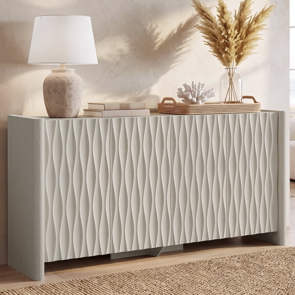 LEGAHOME 61" Sideboard with 3D Wave Doors, Modern Credenza Storage Cabinet for Living Room, Dining Room, Entryway, with Adjustable Shelf, Greige