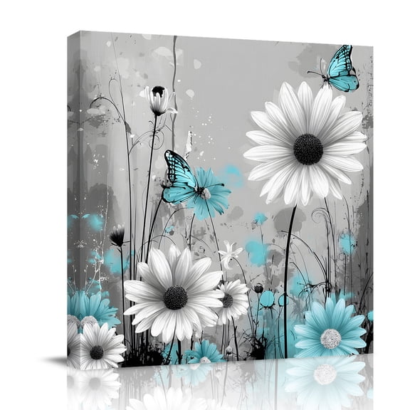 Teal Gray Daisy Butterfly Canvas Wall Art for Living Room, Nature Floral Wildflowers Abstract Poster Print Painting for Bedroom Office Home Decoration Wall Pictures Prepare To Hang 8"x8"