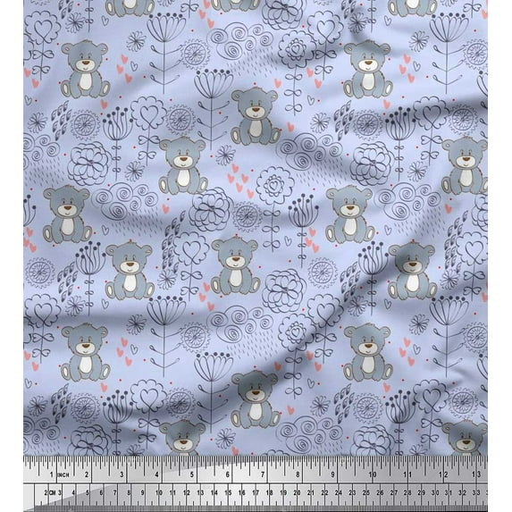 Soimoi Cotton Voile Fabric Floral,Heart & Bear Kids Print Fabric by The Yard 56 Inch Wide