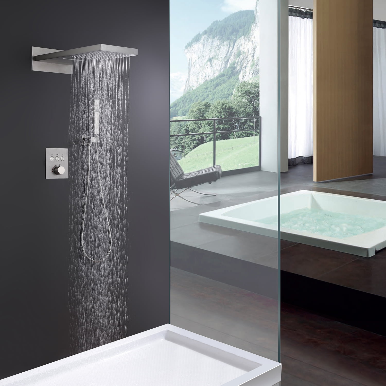 Three Functions Thermostatic Shower System, Dual-function Rainfall Shower Head with Handheld Sprayer