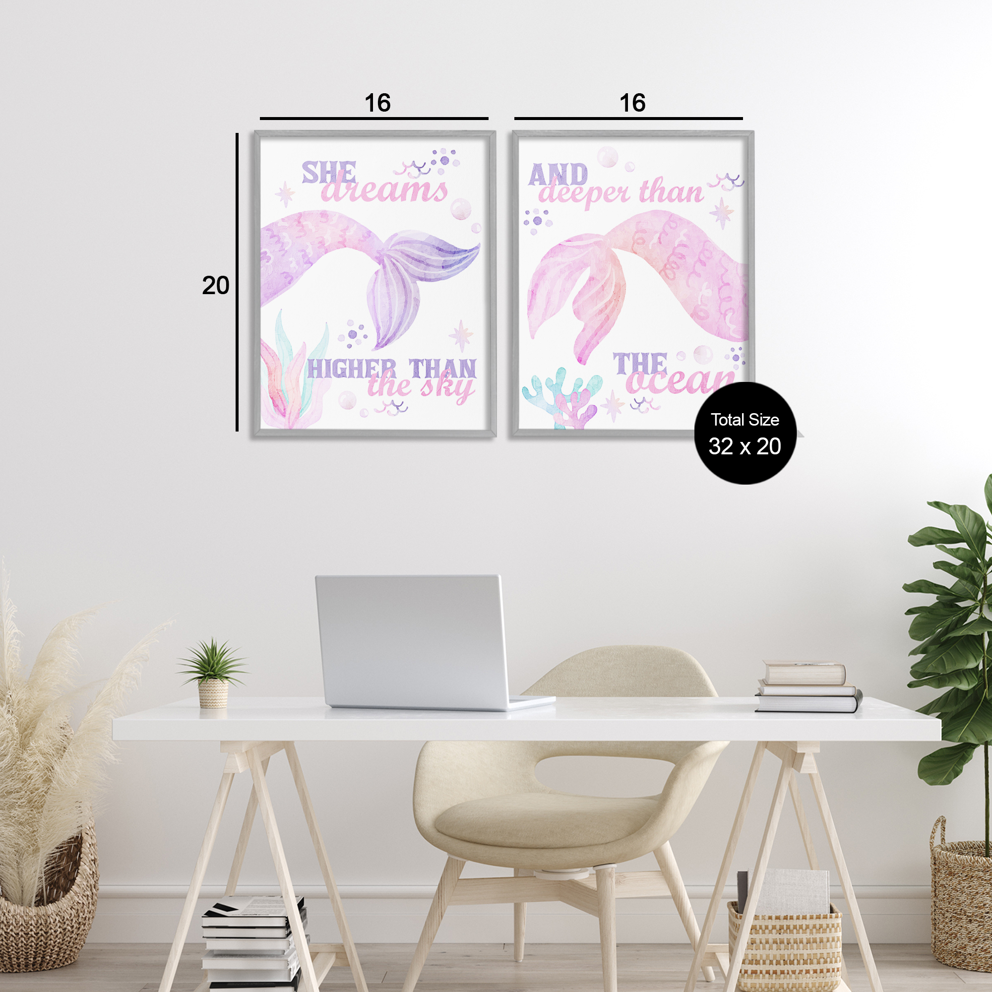 Mermaid Dreams Ocean & Sky 2 Piece Gray Framed Giclee Art Set, design by Kim Allen