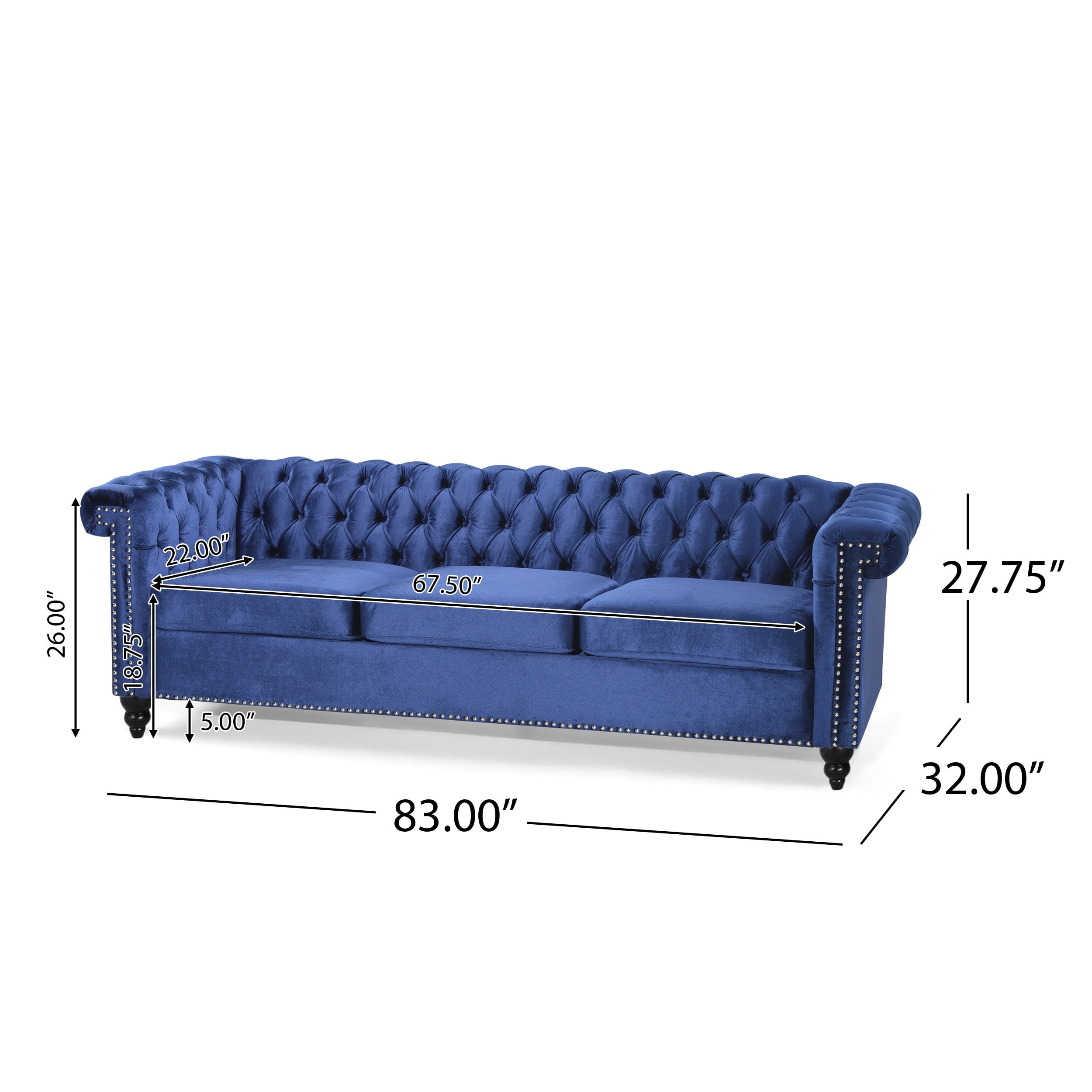 Noble House Kabella Button Tufted Sofa, Midnight Blue, Dark Brown