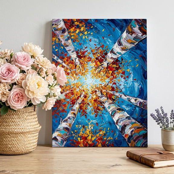 Canvas Wall Art Fall Birch Trees Canvas Art Print Rustic Autumn Orange Leaves Impasto Texture Pictures Wall Decor for Living Room Bedroom Artwork Decorations Stretched Framed Ready to Hang 12"x18"