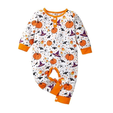 

Toddler Baby Girls Boys Halloween Jumpsuit Pumpkin Print Cute Long Sleeve Trousers Witch Romper Funny Infant Halloween Romper
