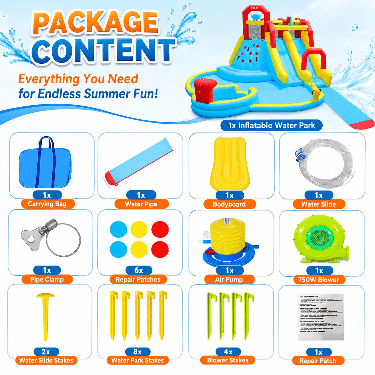 Neche 222" Giant Large Inflatable Water Slide Bounce House With 750W Blower, Splash Pool, Backyard Water Park for Kids Ages 3-8, Max 500lbs, Indoor & Outdoor Use