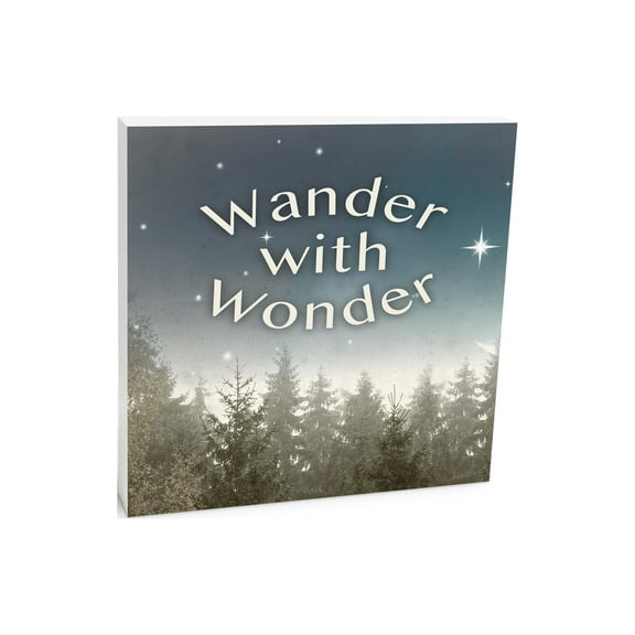 Wander With Wonder Blue Sky Stars Trees 10 x 10 Wood Tabletop Sign Plaque