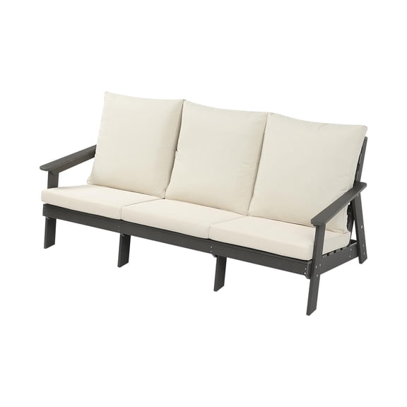 Outdoor 3 Seater HIPS Sofa with Cushions for Porch, Poolside, Terrace & Yard | Light Gray/Beige | Solid Back