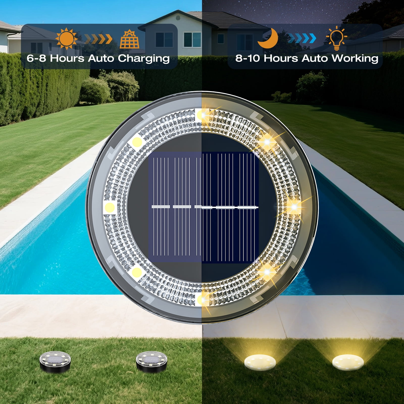 4 Pack Solar Mini Ground Lights Outdoor - 8 LED Disc Lights with Flat Design IP44, Solar-Powered Pathway Lights for Garden, Lawn, Patio, Yard, Path & Landscape ( Warm White)