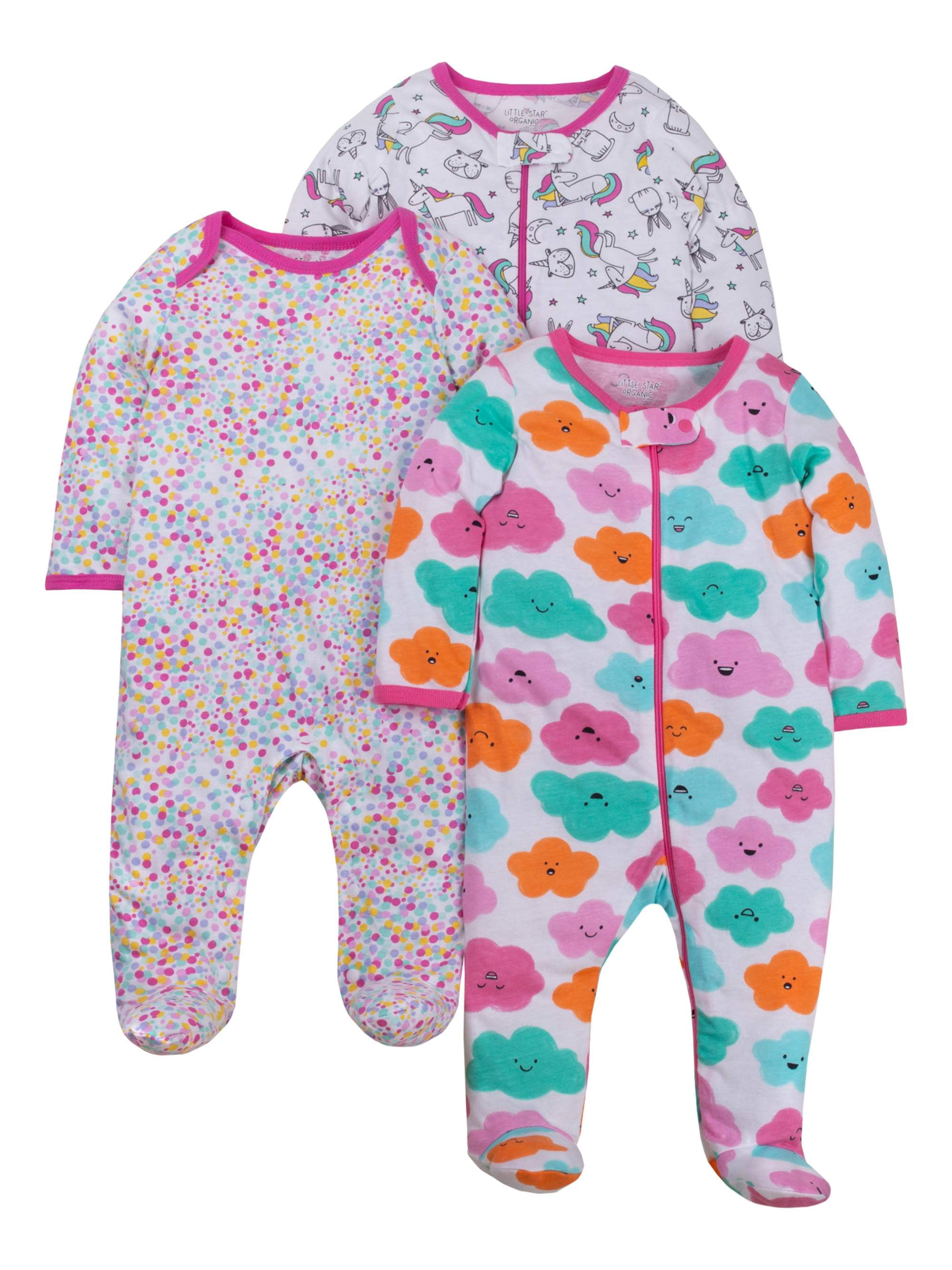 Little Star Organic Baby Girl Sleep 'N Play Pajamas, 3Pack (NB6/9M