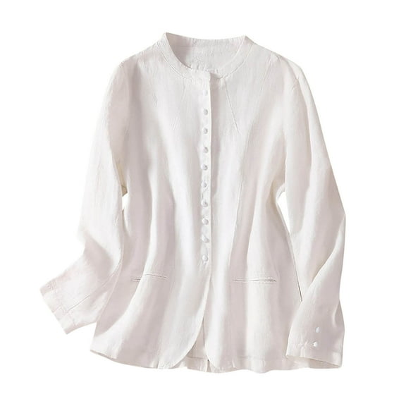 hotojiny Button down Shirts for Women Loose Long Sleeve Round Neck Tops Work Office Solid Color Fashion Blouse