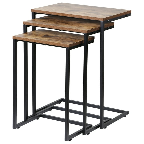 SONGMY Nesting Side Tables Set of 3 Industrial C Shaped End Table Set Stackable Coffee Table Heavy Duty Metal Frame for Small Space, Living Room, Bedroom, Tray for Laptop Coffee Snack