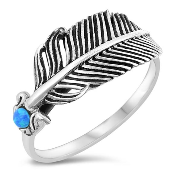 CHOOSE YOUR COLOR Blue Simulated Opal Wholesale Feather Ring .925 Sterling Silver Band CZ Female Size 6