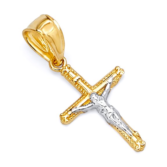 Wellingsale 14K Two 2 Tone White and Yellow Gold Polished Religious Catholic Crucifix Charm Pendant