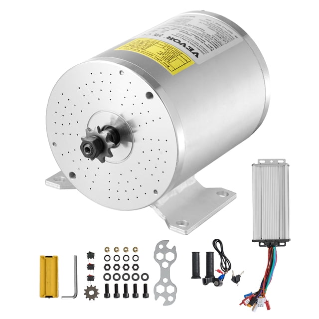 VEVOR 2000W Electric Brushless DC Motor Kit 48V 4300rpm Motor with Speed Controller. The image displays a silver motor with a perforated front plate, mounting brackets, and accompanying components including a motor controller, twistgrip throttle, 3-speed switch, and assembly hardware. This kit is designed for electric bikes and scooters, offering 2000W power, 4.8N·m torque, CW/CCW dual-direction control, and a durable pure copper core for enhanced performance and reliability. Suitable for DIY electric vehicle projects.