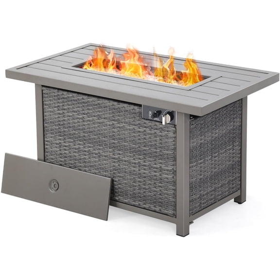 Fire Pit Table, HAPPATIO 42inch 50000 BTU Propane Fire Pit with Metal Fence Table Top, Lid, Black Glass Rock, CSA Safety Certified for Patio Balcony Backyard (Gray)