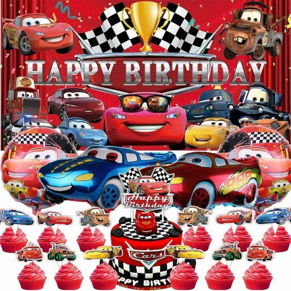 Cars Party Supplies Banner Decor Kit Balloons Birthday Cake Topper Banner Backdrop Decorations