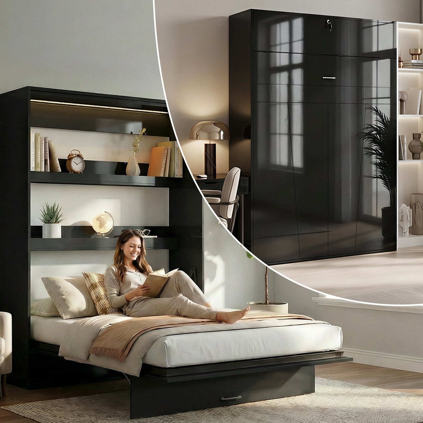 Mjkone Wall Murphy Bed Full with LED Light,Convertible Wall Bed with Shelves,Space-Saving Hidden Bedframe for Guest Room, Bedroom,Glossy Black