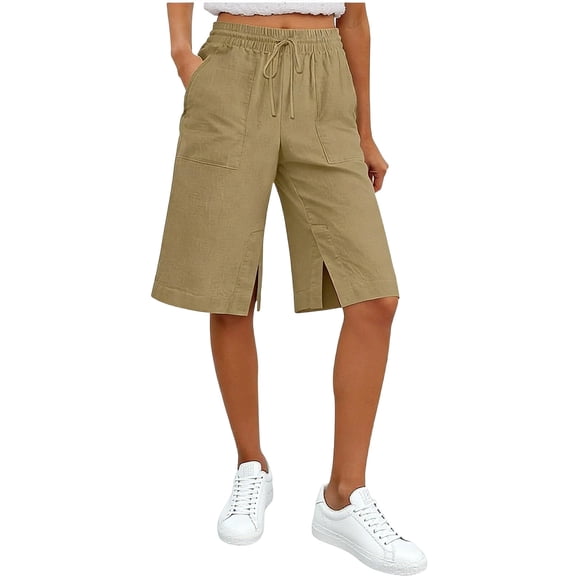 BLVB Cotton Linen Capri Pants for Women Bermuda Shorts Knee Length Drawstring Side Slit Cropped Pants Summer Beach Vacation Long Shorts