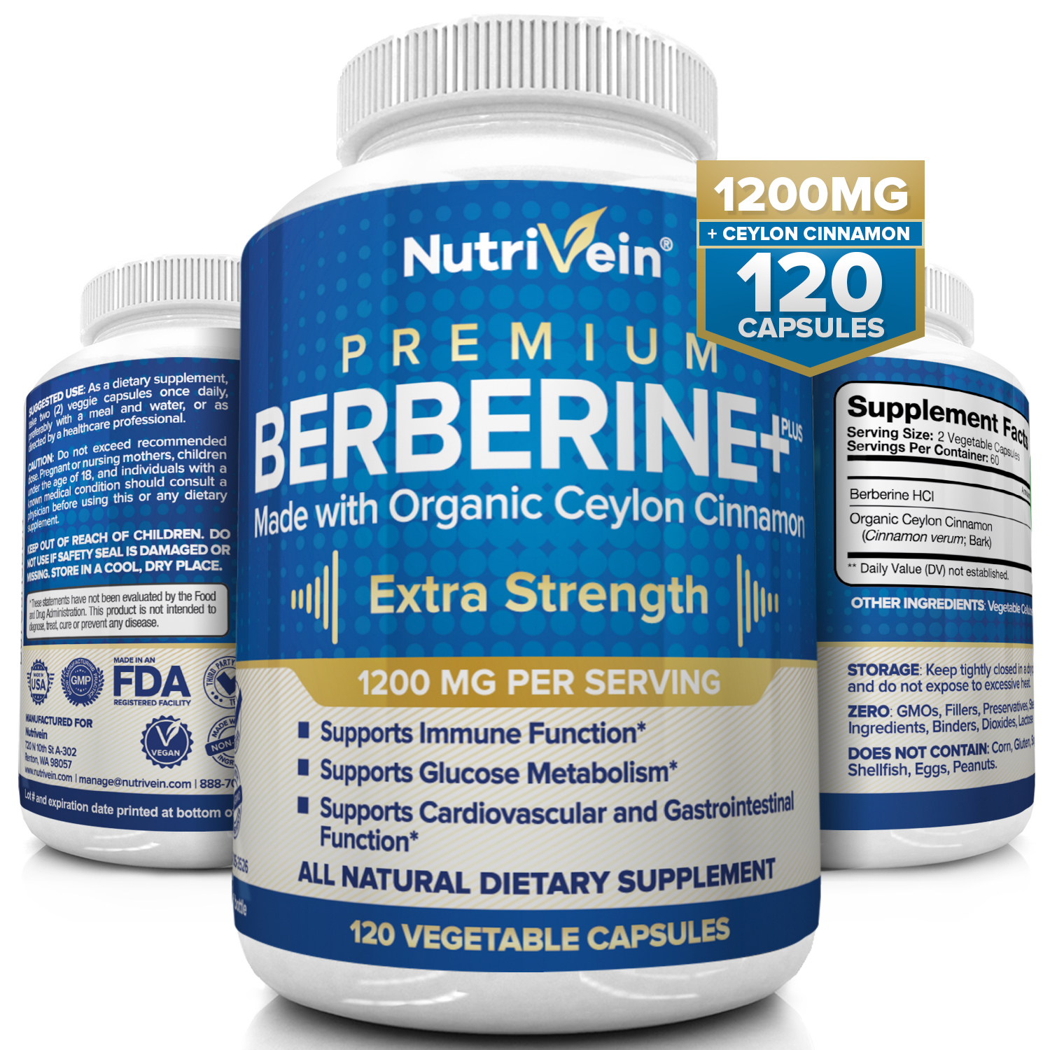 Nutrivein Premium Berberine HCL 1200mg Plus Organic Ceylon Cinnamon
