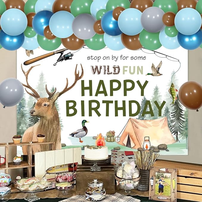 Hunting Fishing Birthday Decorations Boy, Fishing Theme Birthday Party Decorations, Green Blue Brown Balloon Arch with Wild Backdrop Deer Fish Outdoor Adventure Camping Background
