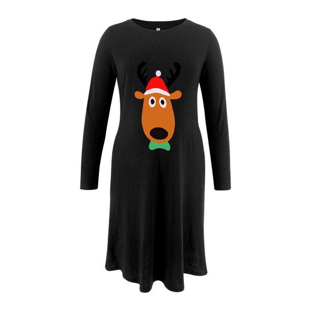 Vestidos de Navidad Para Mujer, Ropa de Maternidad, Cabeza de Ciervo, Estampado Largo, Grueso, Manga Larga, Cuello Redondo, Vestido Con Bolsillo Odeerbi ODB203301
