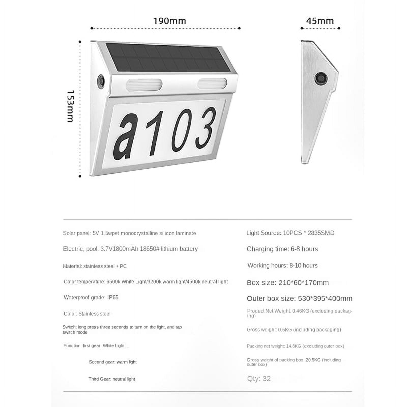 Solar House Number Light, Door Numbers LED Lights Outdoor with IP65 Waterproof Material with 3 Lighting Modes,1 x solar light,silver