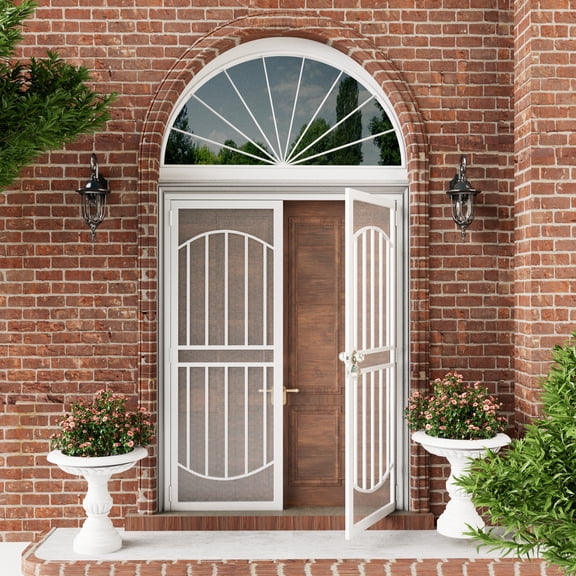 64" X 80" Prehung Door Universal/Reversible Hinging Surface Mount Steel Security Door With Perforated Metal Screen With Lock