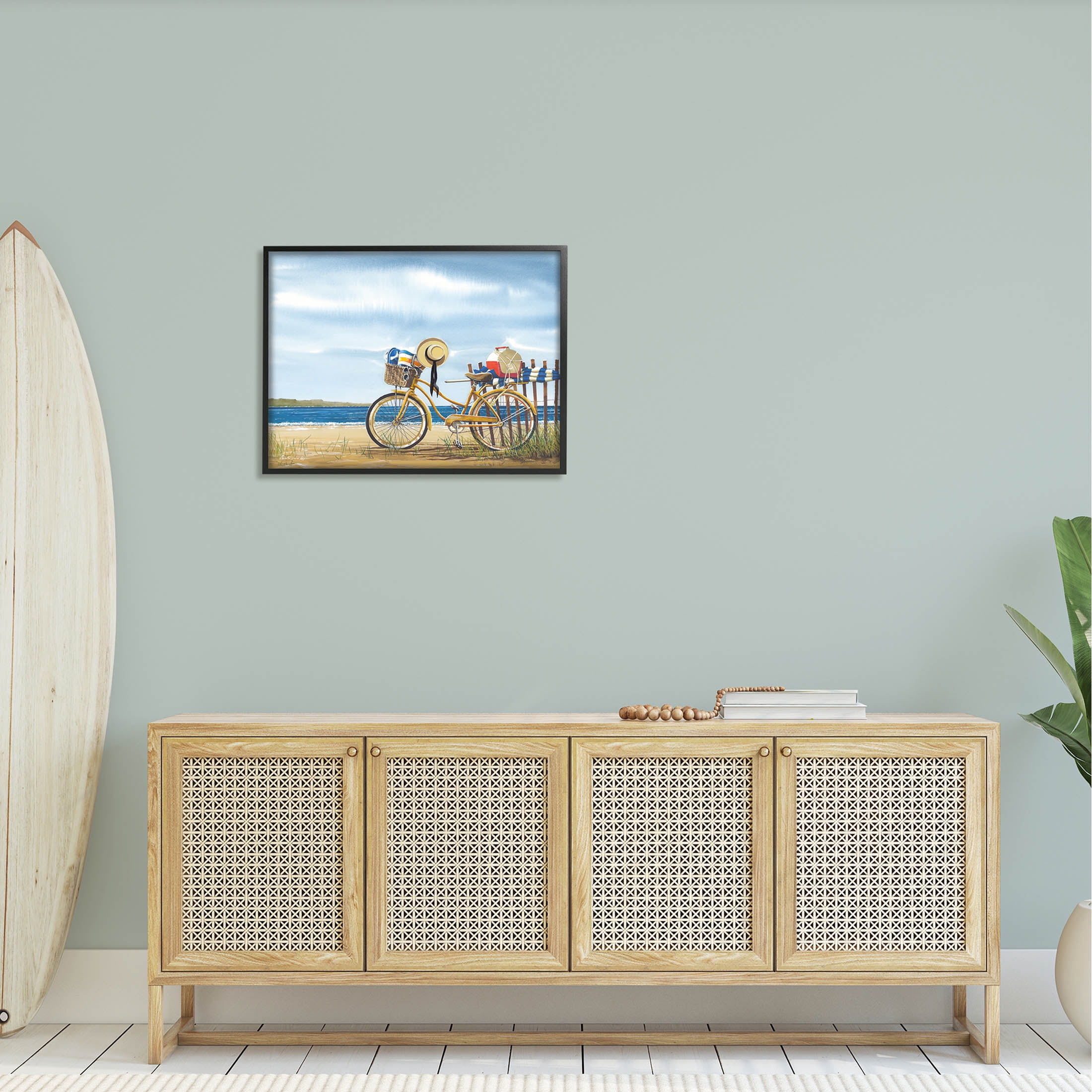 Summer Bike Beach Day Waves Coastal Painting Black Framed Art Print Wall Art