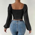 thumbnail image 6 of Pincandy Women's Long Sleeve Mesh Solid Color Drawstring V-Neck Cropped Top Blouse,Black,L, 6 of 9