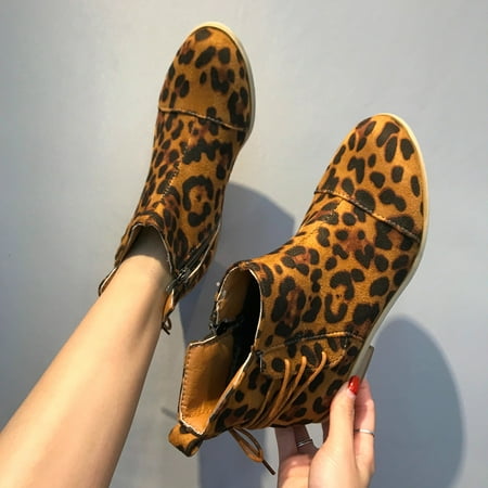 

TALKVE Fashion Autumn Women Ankle Boots Mid Heel Heel Leopard Print Zipper Rope
