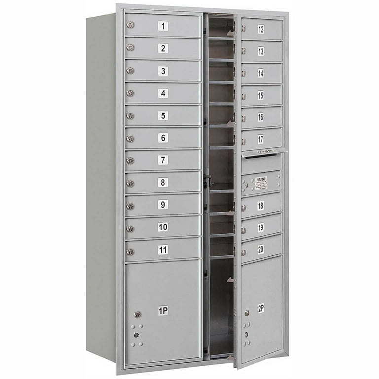 56-3/4 in. Max Height Unit Aluminum Private Front Loading 4C Horizontal Mailbox with 20 MB1 Doors/2 PL's 56-3/4 in. Max Height Unit Aluminum Private Front Loading 4C Horizontal Mailbox with 20 MB1 Doors/2 PL's