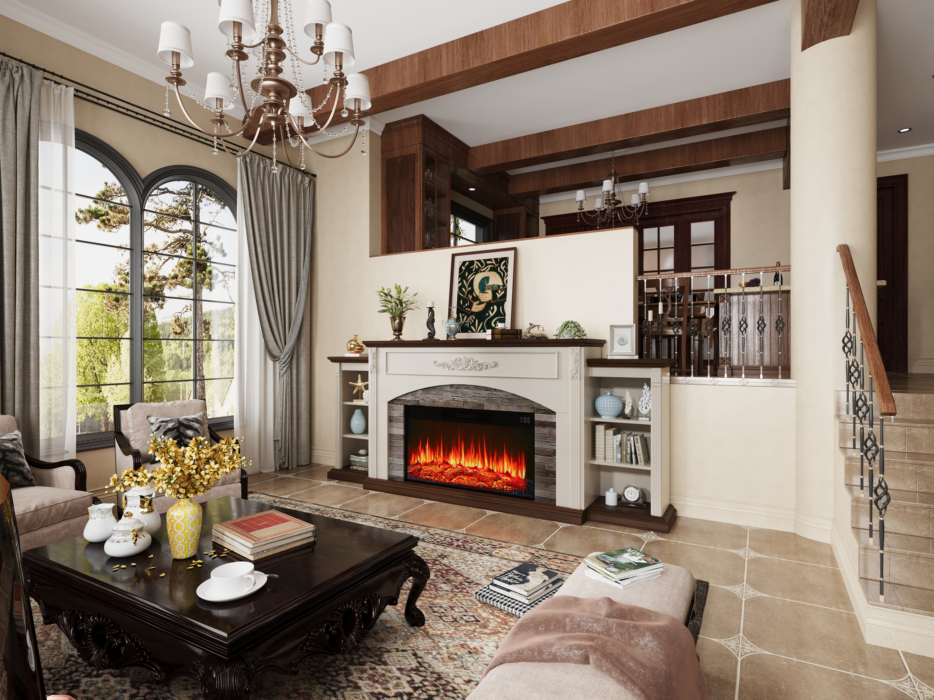 BOSHIRO 80" Electric Fireplace with Mantel and Cabinets, Fireplace TV Stand for Living Room Bedroom, Fits TVs up to 90”