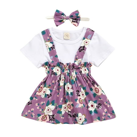 

Suanret Toddlers Baby Girl Short Sleeve Tops Suspender Skirt Bow Headband Flower Pattern Sweet Style Spring Clothing Purple 2-3 Years