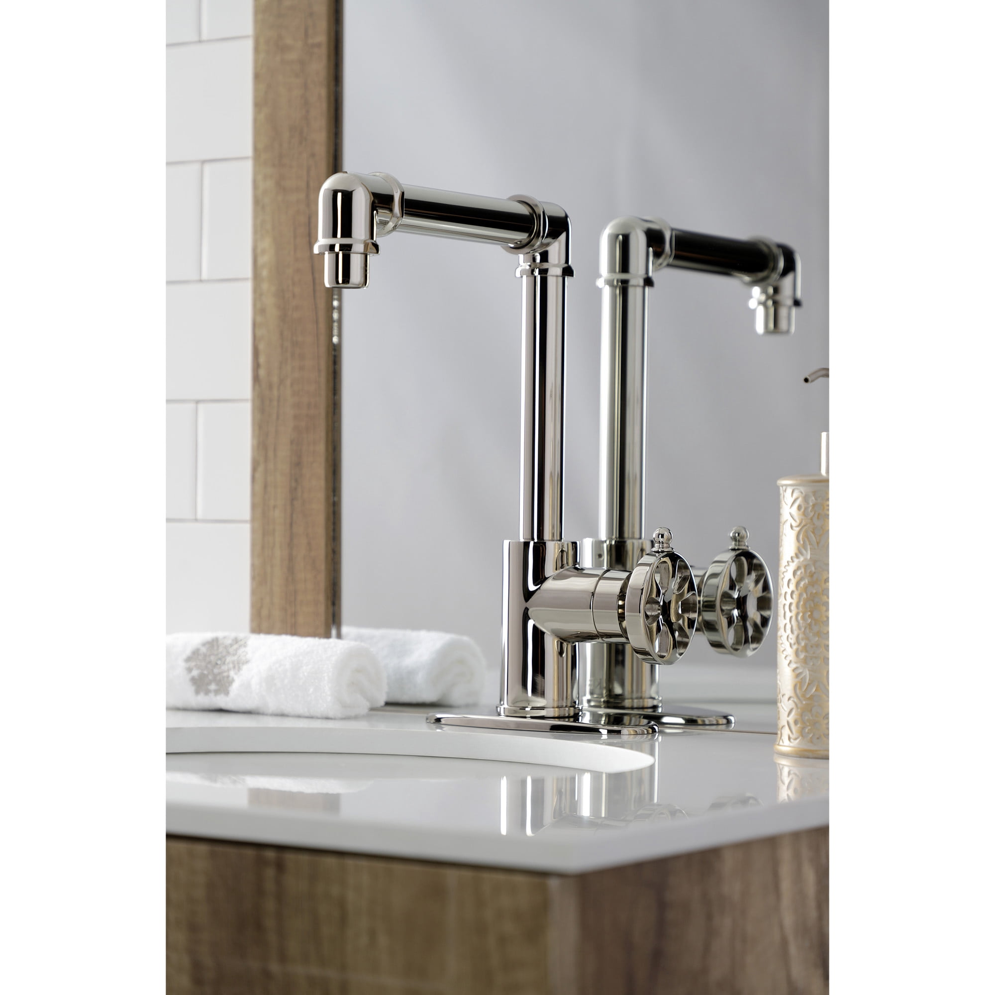 Kingston Brass KSD144RXPN Belknap One-Handle Single-Hole Bathroom Faucet with Deck Plate and Push Pop-Up Drain, Polished Nickel