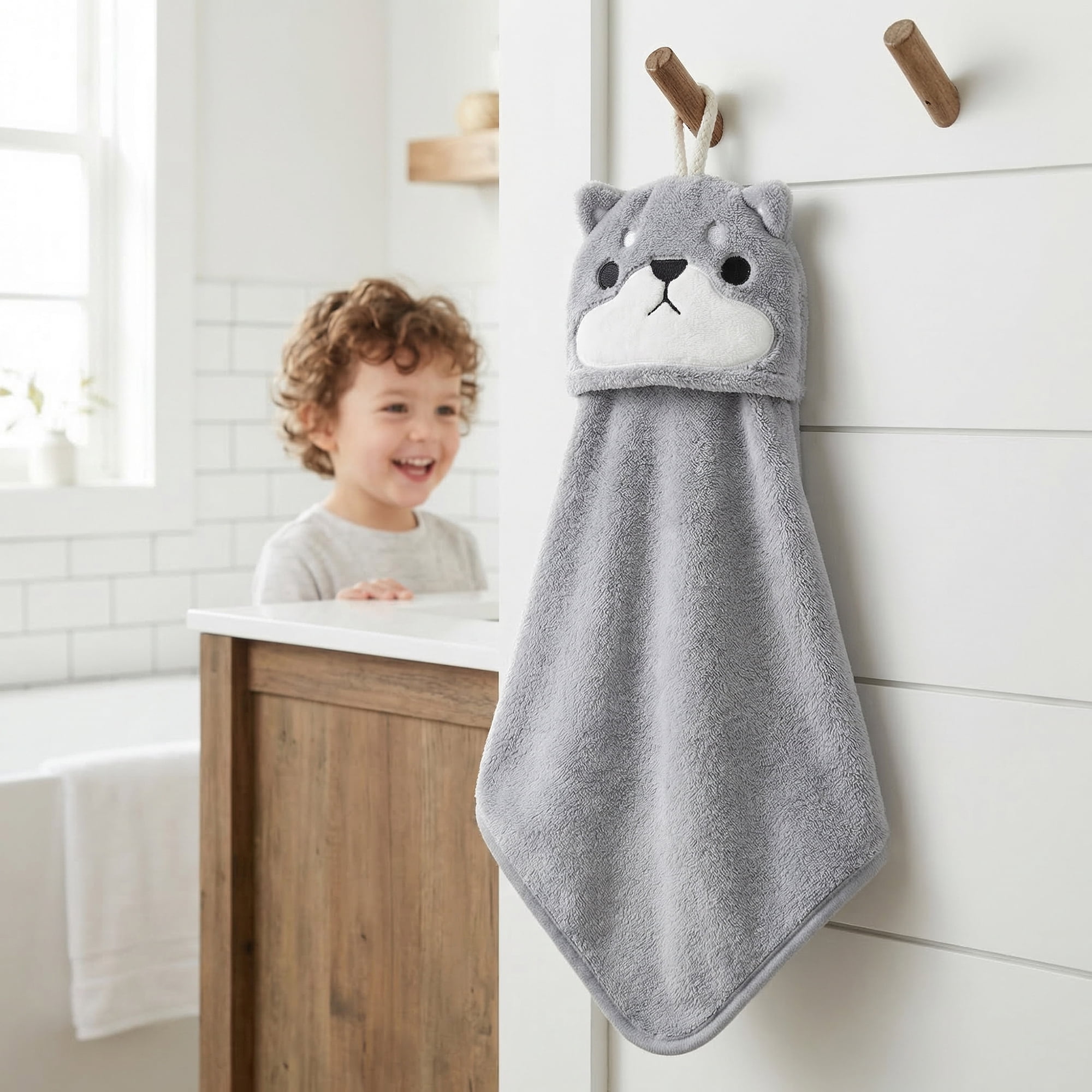 Unique Bargains Animal Hanging Soft Absorbent Hand Towel Grey Shiba Inu 15" x 8"