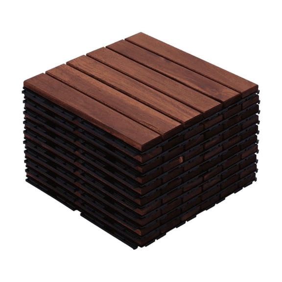 TENGDA 10 PCS 12" x 12" Square Interlocking Deck Tiles Striped Pattern Acacia Hardwood Flooring Brown Outdoor Wood Tiles for Patio Balcony & Poolside