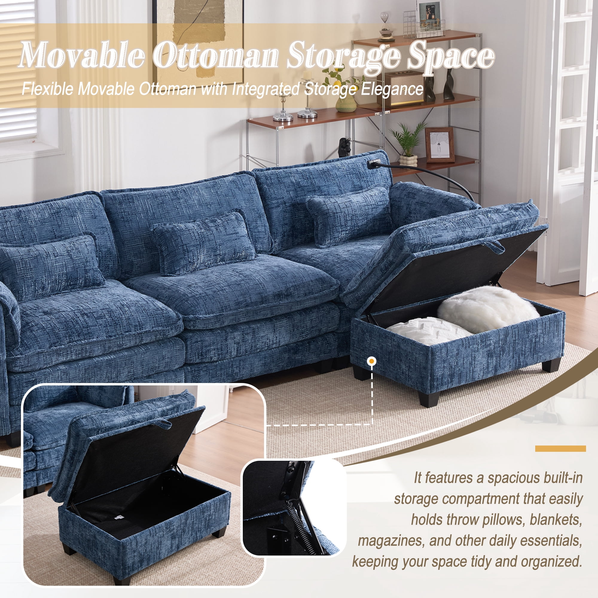 MOONMISS Chenille Upholstered L-shaped Modular Sectional Sleeper Sofa with Movable Storage Ottoman,USB&TYPE-C-Navy Blue