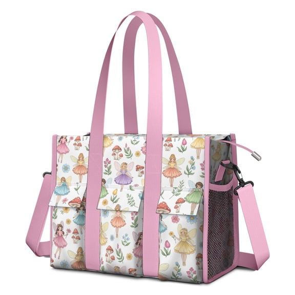 Teacher Tote Bag,Colorful Fairy Flower Pattern Teacher Utility Tote Bag,Large Work Tote Bags for Women with Multiple Pockets,Top Zipper Closure,13.8x10.6x6.7 Inch