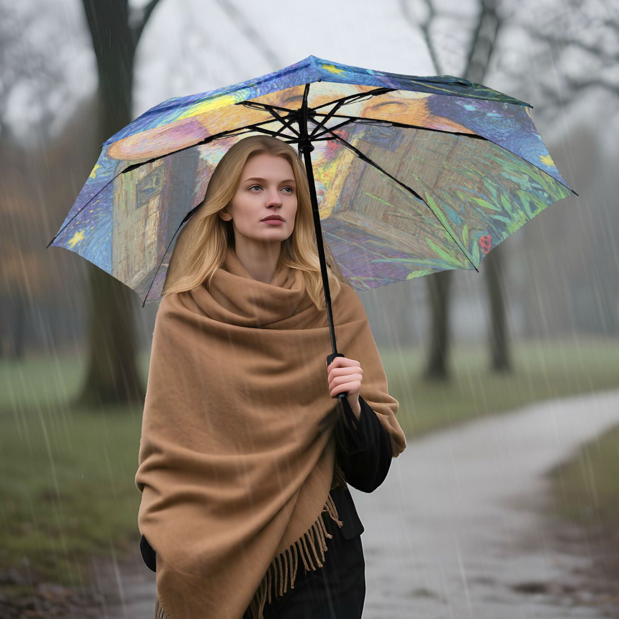 21" Inch Auto Open Close Folding Umbrella Windproof Waterproof Full Print 8-Rib Compact Travel Umbrella for Rainy Days Oil Painting Of A Sleeping Corgi
