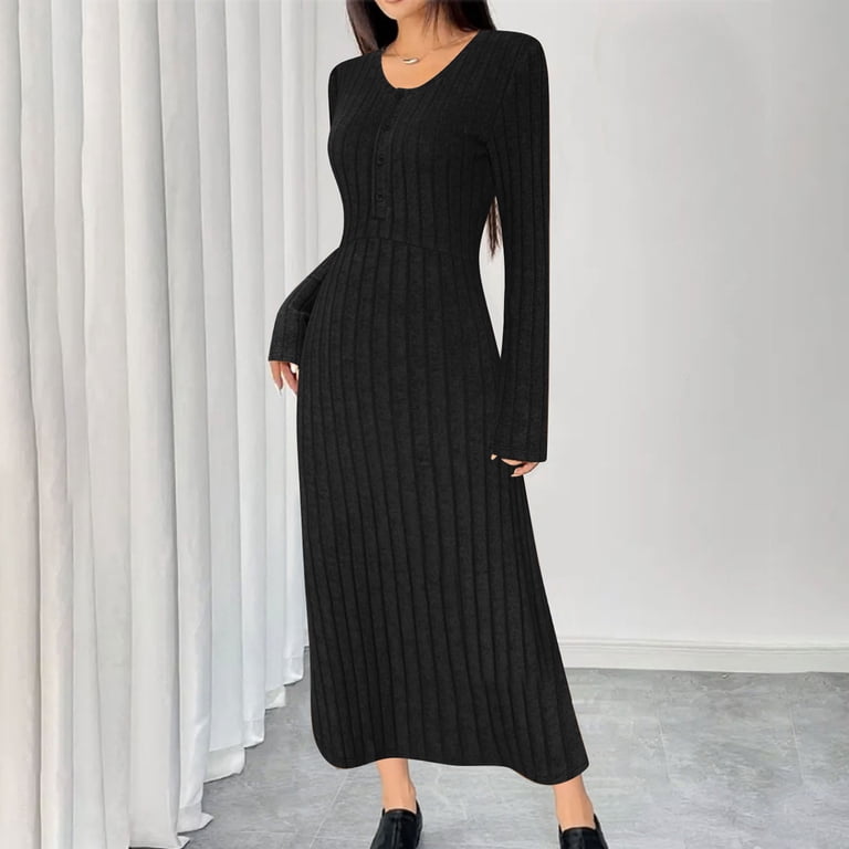 knit dress for wedding guest Zedker Long Sleeve Sweater Women Fall 2026 V Neck Breasted Ribbed Pleated A-Line Maxi Dresses, Women's, Size: Large New-Arrivals-PS