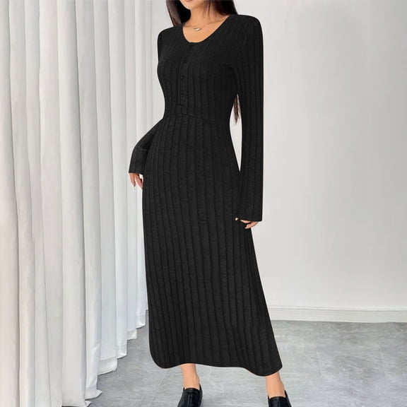 Ailaofu Womens Ribbed Knit Maxi Dresses Long Sleeve V Neck Casual Sweater Dress Bodycon Midi Dress