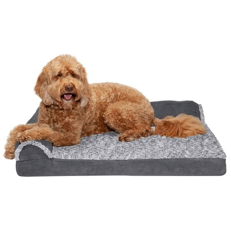 UPC: 0842229104660 | FurHaven Pet Products Two-Tone Faux Fur & Suede Deluxe Orthopedic Chaise Lounge Pet Bed for Dogs & Cats – Stone Gray  Large