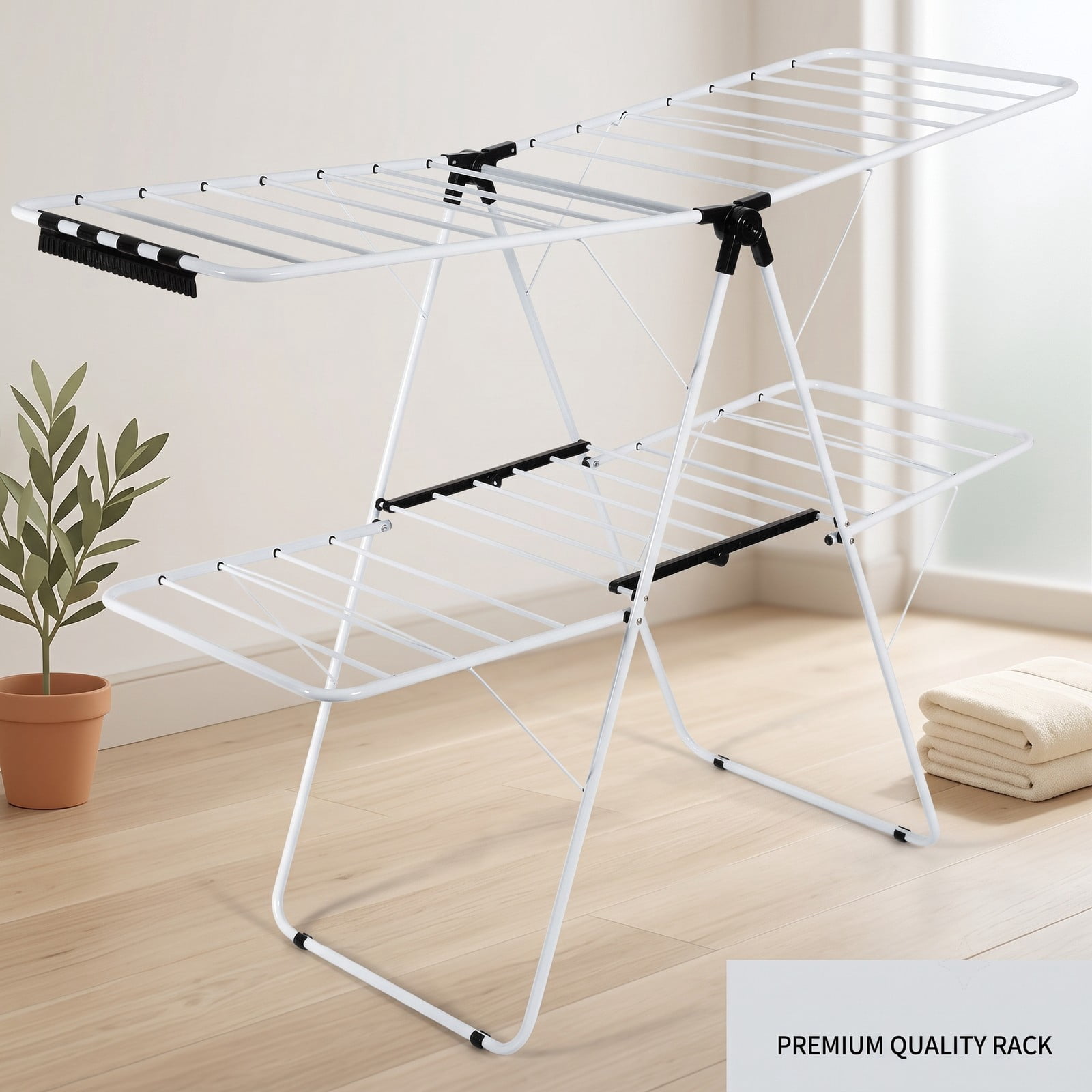 Fenbeli 2-Tier Foldable Clothes Drying Rack, Collapsible Steel Laundry Drying Rack with Adjustable Gullwing Wings for Indoor Outdoor Balcony, Space-Saving, White Black