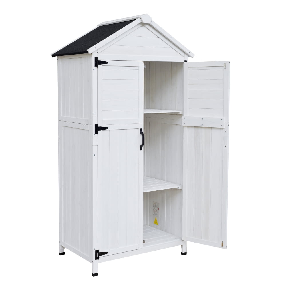 Spacious White Fir Wood Storage Shed, 67-Inch Tall with Dual Doors, Triangular Roof, and 4 Interior Compartments for Organized Garden Tool Storage