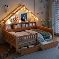 Harper & Bright Designs Full Size House Bed Frame with Drawers, House Platform Bed with LED Lights, Storage Shelves & Drawers, Wood Daybed with Roof and Guardrail for Boys Girls, Natural