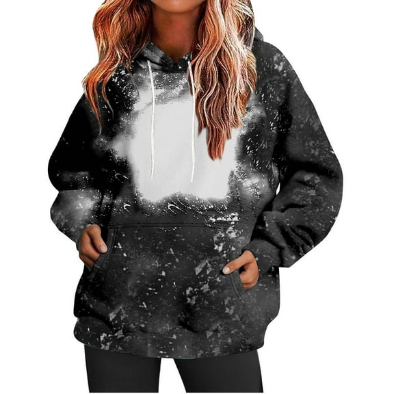 Qetyuw Women's Bleached Blank Hoodies Fashion Tie Dyed Sweatshirt with Pockeet Loose Fit Long Sleeve Print Pullover