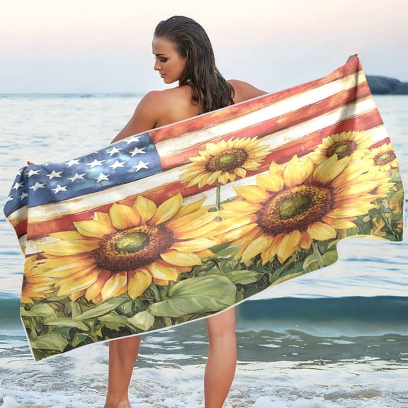 Qxltty Sunflower American Flag Beach Towel Sand Free Bath Towel Absorbent Quick Dry Soft Lightweight Blanket for Travel Gym Camping 60x30in